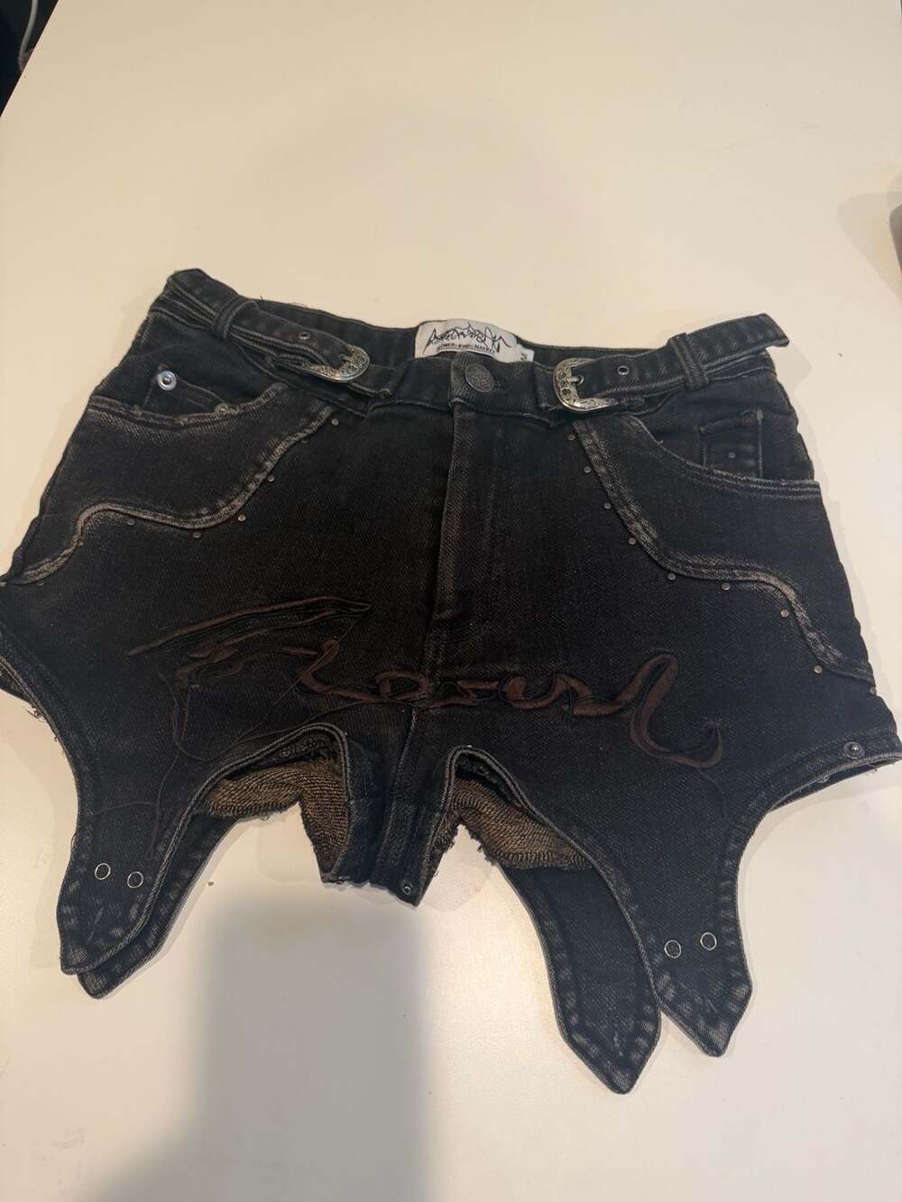 Flowers Birds Market High-Rise Embroidered Studded Denim Shorts - Picture 2 of 11